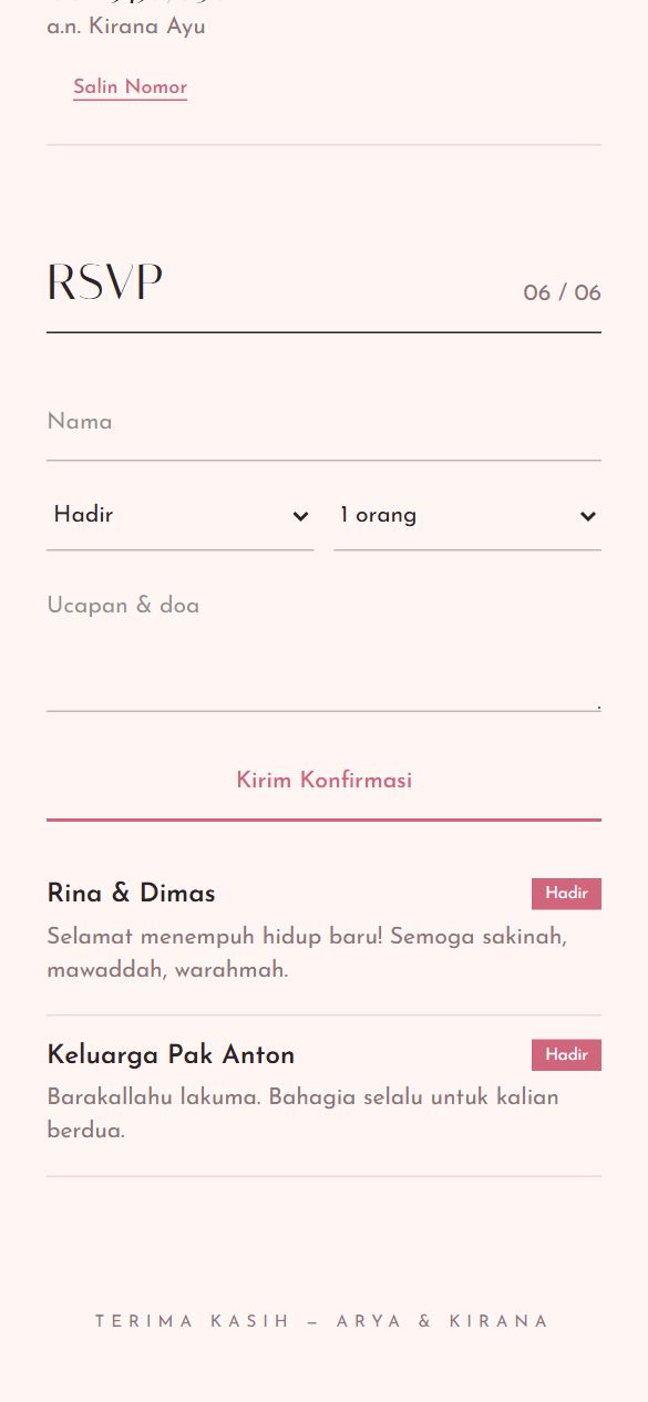 Tampilan rsvp template Blush Minimal